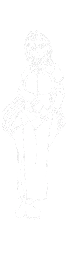 1girl beyond_citadel boots bow bowtie breasts commentary doekuramori english_commentary full_body game_cg gloves hair_between_eyes karen_(the_citadel) large_breasts lineart loincloth long_hair long_image long_sleeves monochrome non-web_source official_art solo tall_image the_citadel transparent_background very_long_hair wide_hips