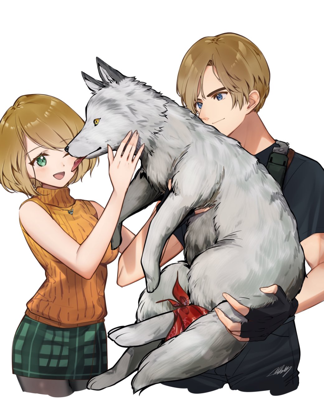 1boy 1girl animal ashley_graham black_gloves black_pants black_shirt blonde_hair breasts commentary_request dog fingerless_gloves gloves green_eyes green_skirt highres holding holding_animal holding_dog jewelry knife_sheath large_breasts leggings leon_s._kennedy licking mar0maru necklace one_eye_closed open_mouth pants pantyhose parted_bangs petting red_scarf resident_evil resident_evil_4 resident_evil_4_(remake) scarf sheath shirt short_hair simple_background skirt sleeveless sleeveless_turtleneck smile turtleneck upper_body white_background white_dog