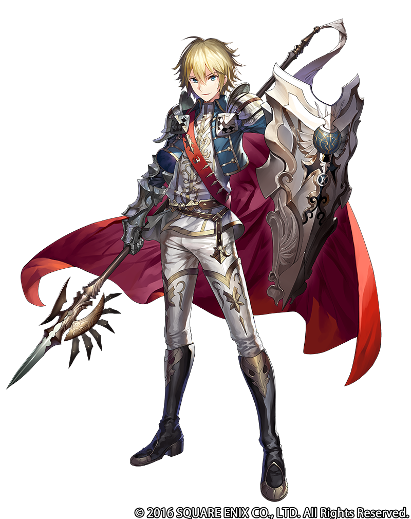 1boy armor axe blonde_hair blue_eyes cape full_body gaou_(umaiyo_puyoman) grimms_notes holding holding_axe holding_weapon male_focus official_art open_mouth prince_wald_(grimms_notes) red_cape shield short_hair simple_background smile solo weapon white_background