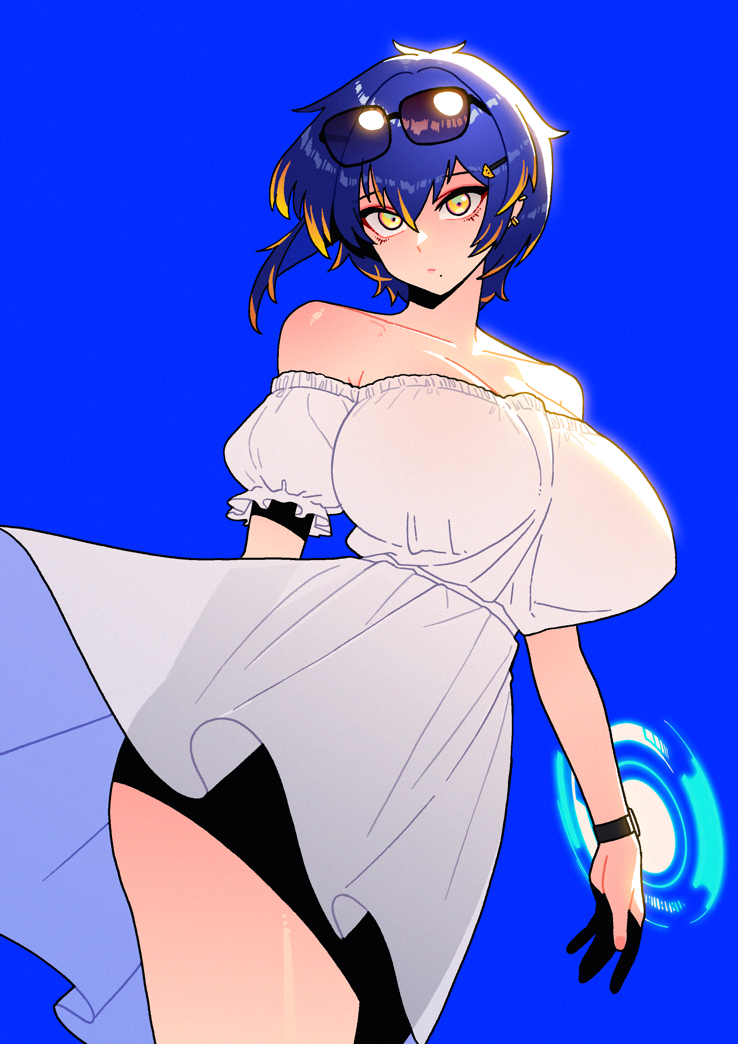 1girl absurdres bare_shoulders blonde_hair blue_background blue_hair breasts cleavage dc_(makezzal) dress eyewear_on_head highres large_breasts last_origin looking_at_viewer mole mole_under_mouth multicolored_hair short_hair solo_focus sterling_(last_origin) sundress sunglasses two-tone_hair watch wristwatch yellow_eyes
