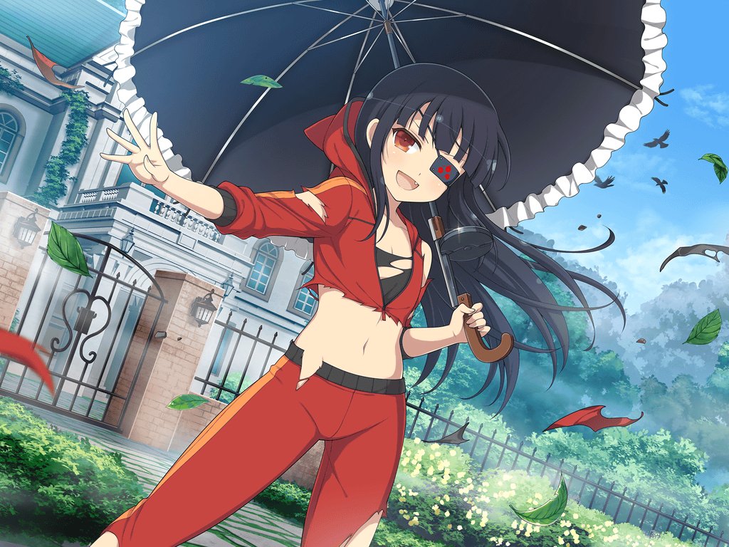 1girl animal balcony bird bird_wings black_hair black_sports_bra black_umbrella blue_sky blunt_bangs blush building cloud day door eyepatch falling_leaves fang fence flat_chest forest frilled_umbrella frills garden gate grass gun holding holding_umbrella holding_weapon hood hooded_track_jacket iron_fence ivy jacket lantern leaf linea_alba long_hair looking_at_viewer magazine_(weapon) mansion mirai_(senran_kagura) nature navel official_alternate_costume official_art open_mouth outdoors pants red_eyes red_pants red_track_suit senran_kagura senran_kagura_new_link senran_kagura_shoujo-tachi_no_shin&#039;ei sidelocks sky smile solo sports_bra standing tomoe_(symbol) torn_clothes torn_jacket torn_pants torn_sports_bra track_jacket track_pants track_suit tree umbrella umbrella_gun weapon window wings yaegashi_nan