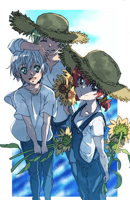 1girl 2boys closed_mouth denim flower fumiko_(mesushi) green_eyes green_hair hat iria_animi jeans looking_at_viewer multiple_boys open_mouth pants red_eyes red_hair ruca_milda short_hair smile spada_belforma straw_hat sunflower suspenders tales_of_(series) tales_of_innocence white_hair