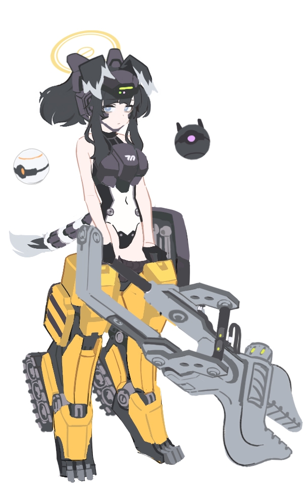 1girl alternate_costume animal_ears armor black_hair blue_archive breastplate concept_art dog_ears dog_tail drone halo headgear hibiki_(blue_archive) holding leotard long_hair machinery mecha_musume mechanical_legs mimitoke robot simple_background solo tail white_background wrench