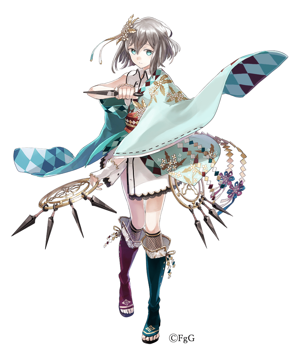 1girl aqua_eyes closed_mouth collared_shirt company_name fingerless_gloves full_body gloves green_kimono grey_hair hair_between_eyes hair_ornament hiiragi_(shinobi_nightmare) holding holding_weapon japanese_clothes kimono kunai looking_at_viewer obi official_art sash second-party_source shinobi_nightmare shirt simple_background sleeveless sleeveless_shirt solo standing ta_ga_tame_no_alchemist toeless_footwear transparent_background watarubou weapon white_shirt