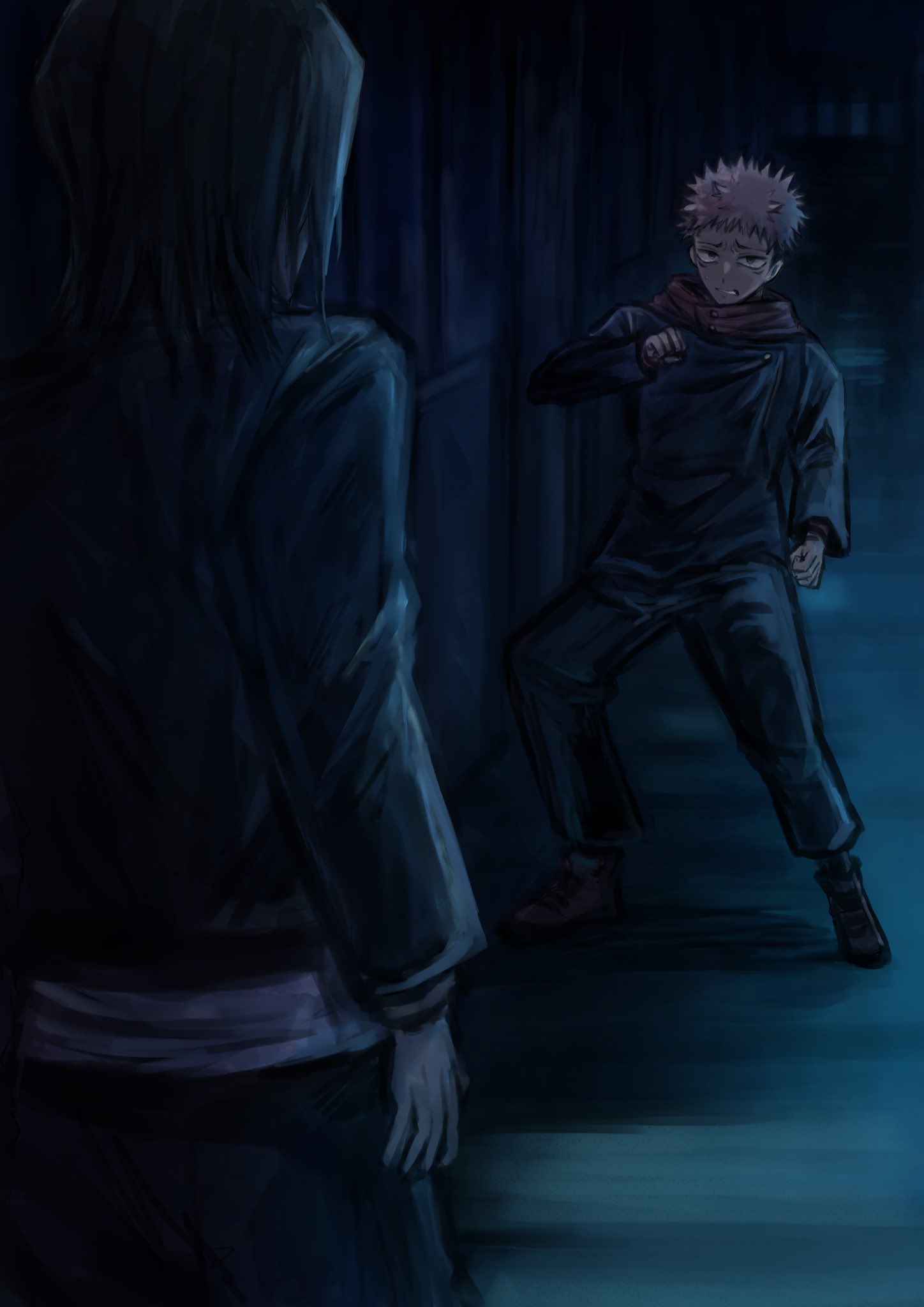 2boys black_hair black_jacket fighting_stance hallway highres hood hoodie itadori_yuuji jacket jujutsu_kaisen jujutsu_tech_uniform looking_at_another multiple_boys pink_hair red_hoodie scar sweatdrop tears undercut y725natsu yoshino_junpei