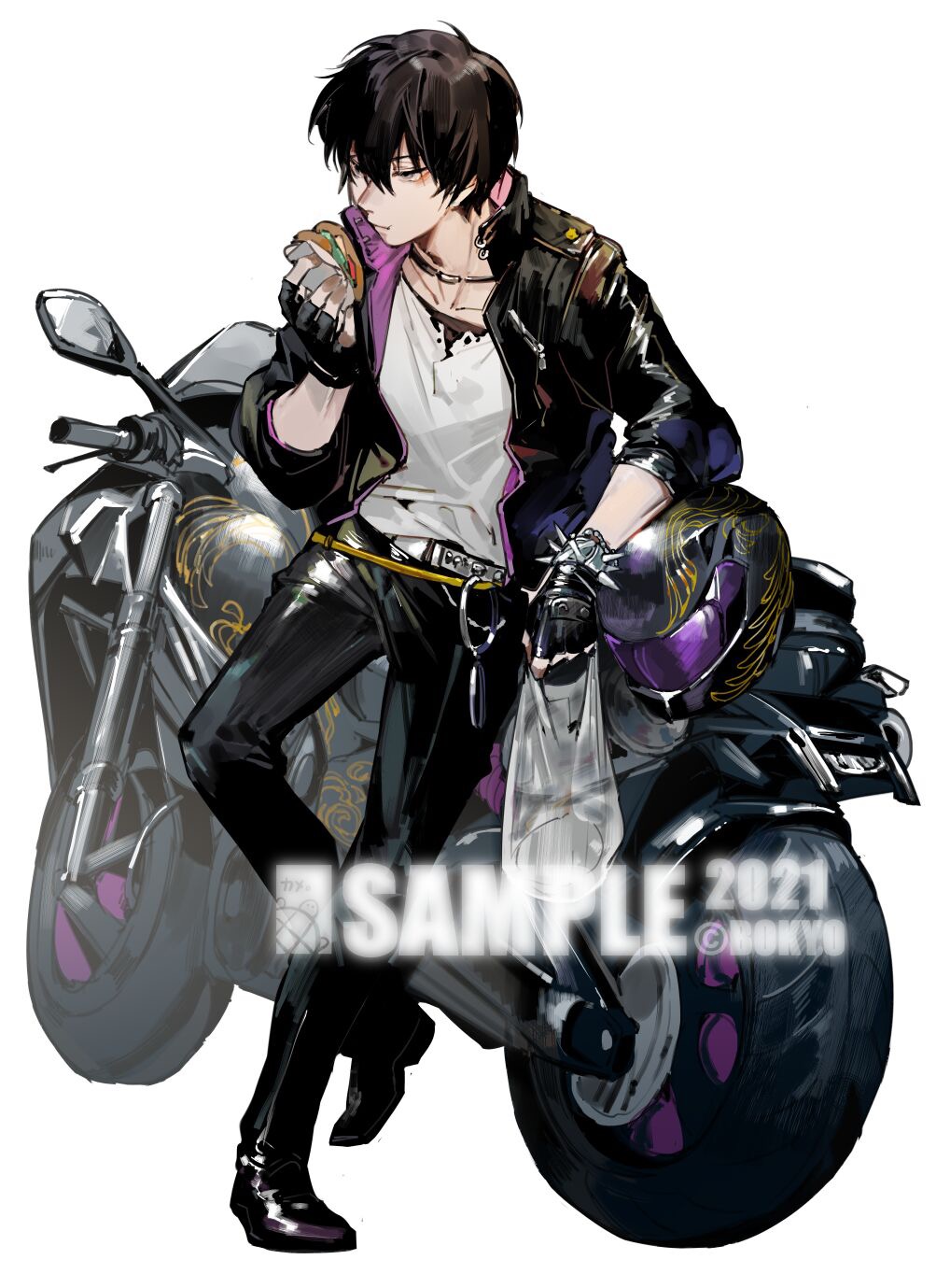 1boy alternate_costume bag belt black_gloves black_hair black_jacket black_pants bokyo boots brown_hair collarbone eating fingerless_gloves food full_body gloves hair_between_eyes helmet hibari_kyouya highres holding holding_food holding_helmet jacket jewelry katekyo_hitman_reborn! leather leather_jacket long_sleeves male_focus motor_vehicle motorcycle motorcycle_helmet necklace open_clothes open_jacket pants plastic_bag sample_watermark shirt short_hair simple_background sitting solo unworn_headwear unworn_helmet watermark white_background white_shirt