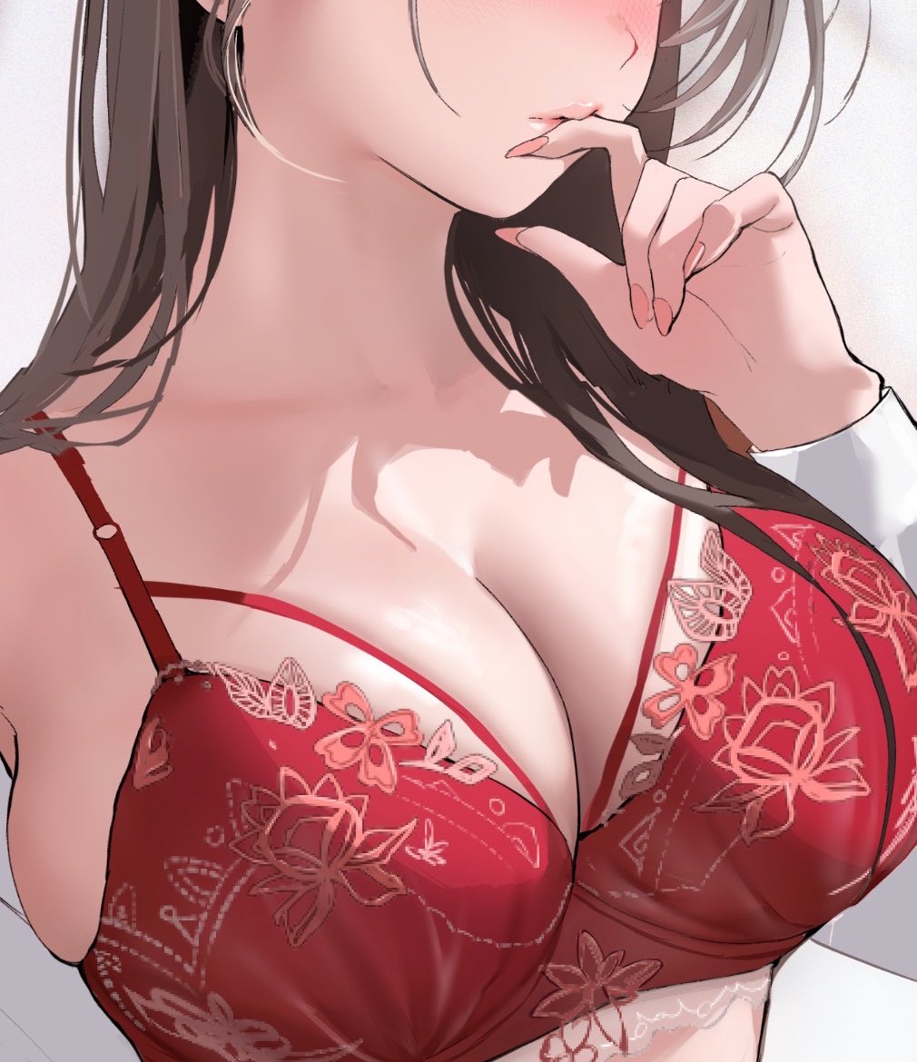 1girl blush bra breast_focus breasts brown_hair cleavage close-up closed_mouth commentary_request finger_to_mouth head_out_of_frame inushima large_breasts lips long_hair original red_bra shirt simple_background solo underwear white_shirt