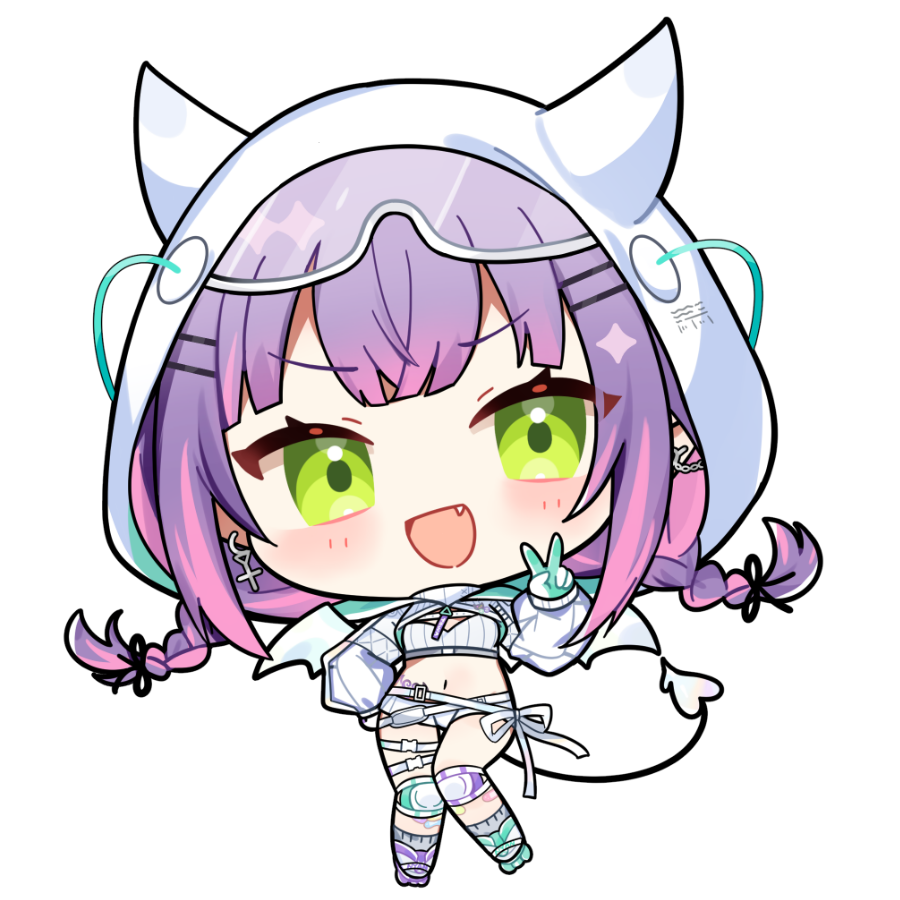 1girl :d asymmetrical_footwear bandaid bandaid_on_knee bandaid_on_leg blush braid chibi chibi_only commentary_request crop_top cropped_shirt fang full_body gloves green_eyes green_gloves green_shoes grey_socks hair_ornament hairclip hand_up hat hololive kashiwase_karune knee_pads long_hair long_sleeves looking_at_viewer micro_shorts mismatched_footwear multicolored_hair navel open_mouth parallel_hairclips pink_hair purple_hair purple_shoes roller_skates shirt shoes shorts simple_background skates smile socks solo standing streaked_hair tokoyami_towa transparent_background twin_braids v virtual_youtuber white_hat white_shirt white_shorts