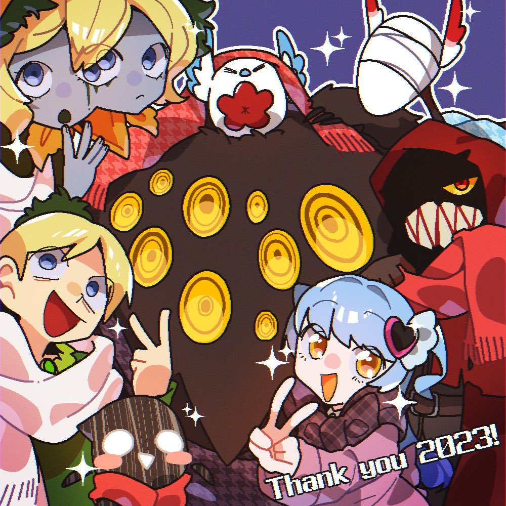 1boy 3girls big_bird_(project_moon) bird blank_eyes blindfold blonde_hair blue_eyes blue_hair blue_sky blush_stickers clenched_teeth cloak dream_of_a_black_swan extra_eyes eyes_in_shadow green_shirt hat_ornament heart heart_hat_ornament hood hood_up hooded_cloak judgement_bird little_red_riding_hooded_mercenary lobotomy_corporation long_hair looking_at_viewer monster multiple_girls new_year open_mouth outline pink_shirt project_moon punishing_bird queen_of_hatred red_cloak scarf scorched_girl sharp_teeth shirt short_hair sky smile sparkle standing teeth tomatomari v white_outline yellow_eyes