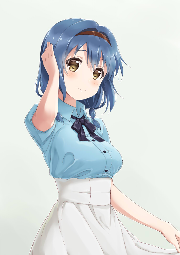 1girl alternate_costume blue_hair blush breasts casual female_focus furutani_himawari hairband hand_up looking_at_viewer medium_breasts shikou_sakugo_(qqap9gt9k) smile solo yuruyuri
