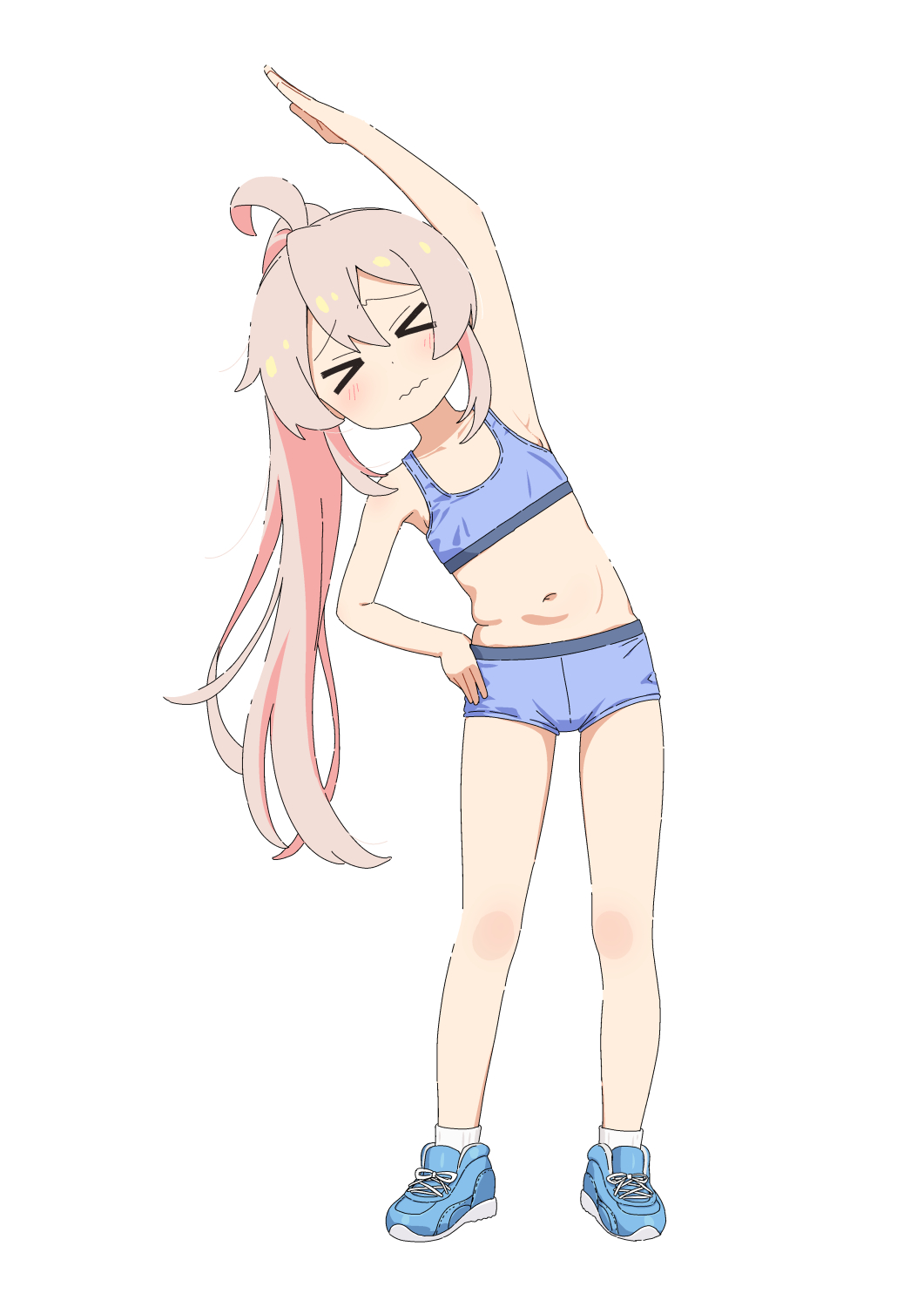 &gt;_&lt; 1girl ahoge arm_up armpits bare_arms bare_shoulders blue_bra blue_panties blue_shoes bra brown_hair closed_eyes closed_mouth commentary_request facing_viewer female_focus full_body hair_between_eyes hand_on_own_hip heijialan highres leaning_to_the_side long_hair navel onii-chan_wa_oshimai! oyama_mahiro panties ponytail shoes simple_background socks solo standing stretching underwear underwear_only very_long_hair wavy_mouth white_background white_socks