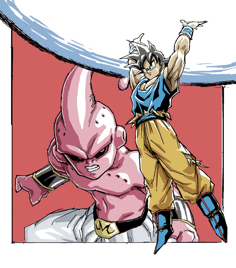 2boys aura black_hair black_sclera blue_footwear blue_sash blue_shirt boots clenched_teeth colored_sclera colored_skin dragon_ball dragonball_z genki_dama hands_up kid_buu majin_buu multiple_boys muscular muscular_male n_(n14542698) orange_pants pants pink_background pink_skin powering_up puffy_pants red_eyes sash scene_reference shirt son_goku spiked_hair teeth torn_clothes white_pants