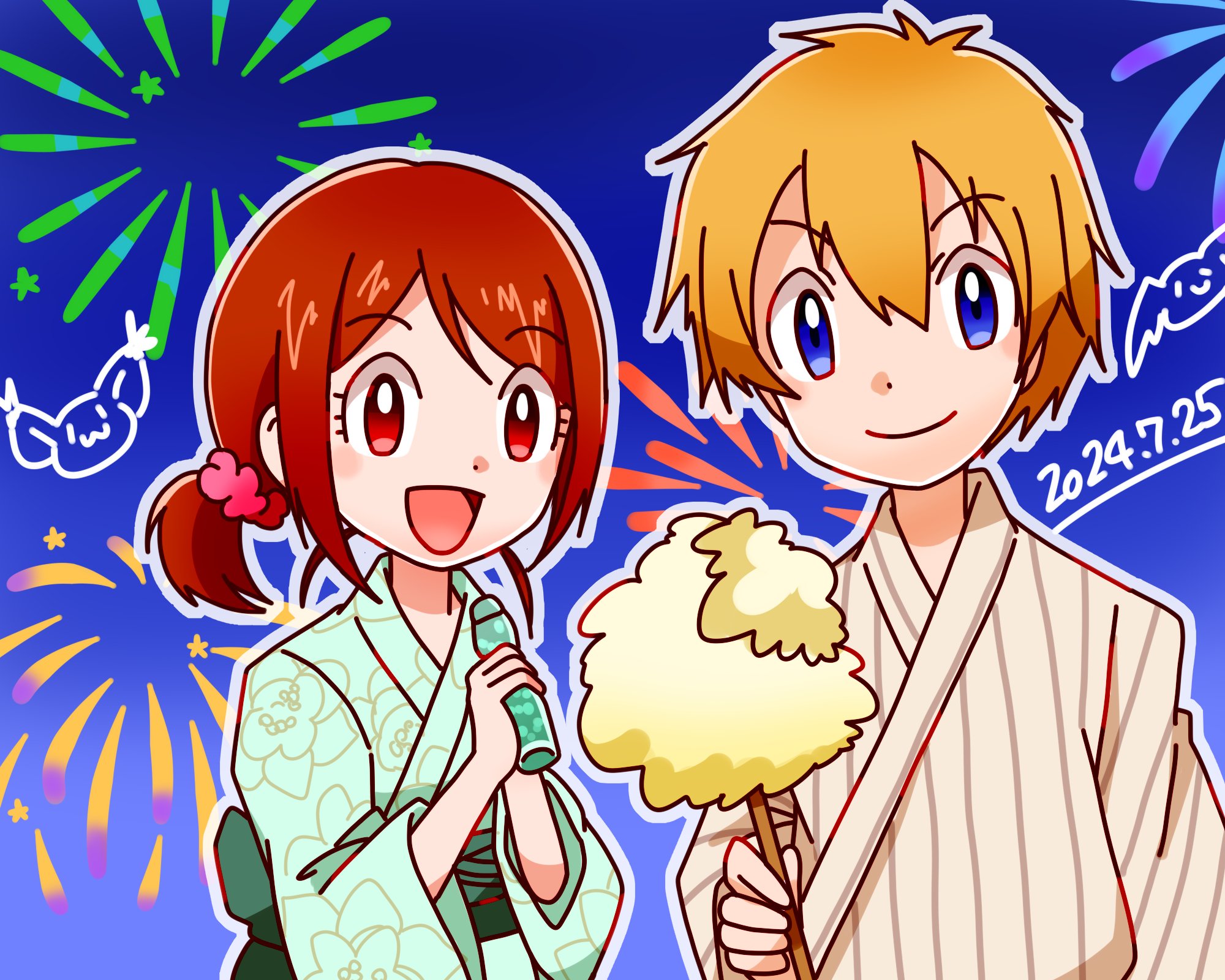 1boy 1girl blonde_hair brown_hair digimon digimon_adventure_02 digimon_adventure_02:_the_beginning eating happy highres smile takaishi_takeru yagami_hikari