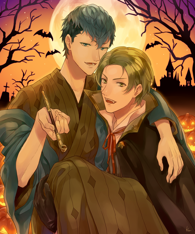 2boys akke blonde_hair blue_hair castle fire_emblem fire_emblem_echoes:_shadows_of_valentia fire_emblem_gaiden forsyth_(fire_emblem) green_eyes halloween halloween_costume messy_hair moon multiple_boys night nintendo outdoors python_(fire_emblem) smile vampire vampire_costume yellow_eyes