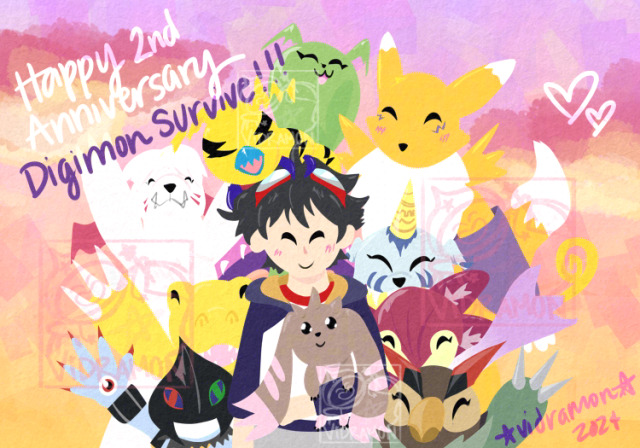 agumon bird bug closed_eyes digimon digimon_(creature) digimon_survive dog dracumon falcomon floramon gabumon kunemon labramon lopmon momotsuka_takuma rabbit reptile shakomon smile