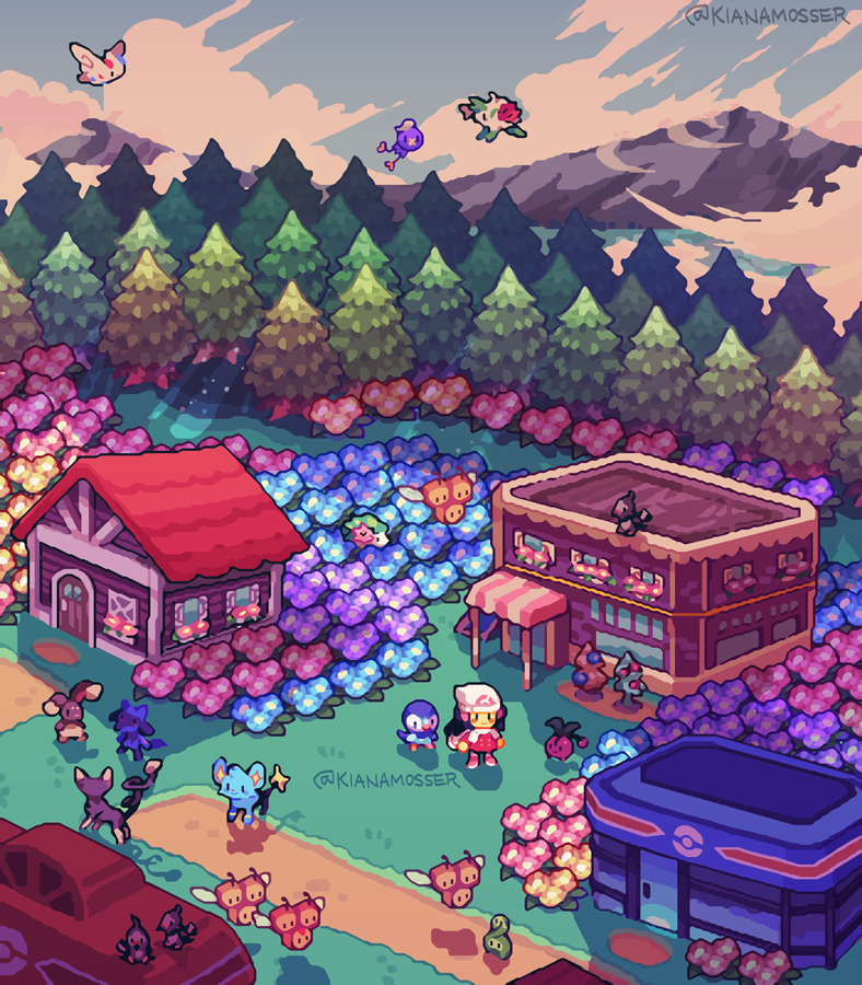 1girl beanie berry_(pokemon) blue_flower budew buneary cherubi city closed_mouth cloud combee commentary dawn_(pokemon) drifloon english_commentary flower forest full_body gen_4_pokemon glameow hat kianamosser legendary_pokemon mountain mythical_pokemon nature nintendo pine_tree pink_flower piplup pokemon pokemon_(creature) pokemon_dppt pokemon_platinum purple_flower red_flower riolu shaymin shaymin_(land) shaymin_(sky) shinx smile starly togekiss tree twitter_username white_headwear yellow_flower