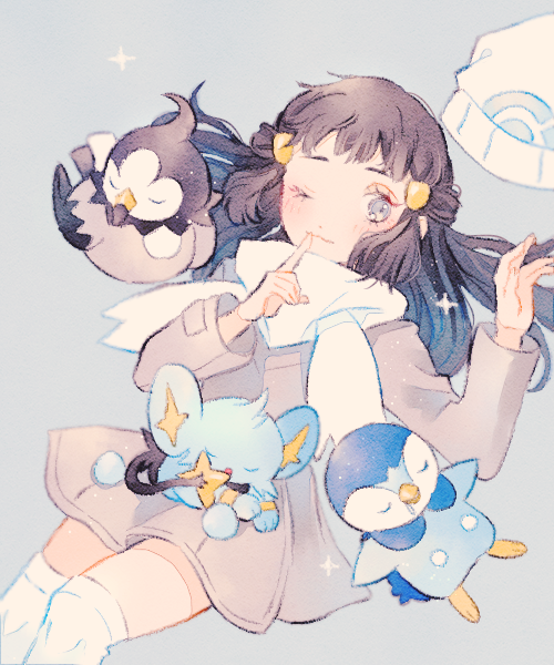 1girl :3 alternate_color beanie bird black_hair blue_background blue_fur closed_eyes coat dawn_(pokemon) drooling gen_4_pokemon grey_coat grey_eyes hat long_sleeves looking_at_viewer lying nintendo on_back one_eye_closed penguin piplup pointing pokemon pokemon_(creature) pokemon_dppt pokemon_platinum ryokuno_green scarf shinx simple_background sleeping sparkle starly unworn_hat unworn_headwear white_hat white_scarf