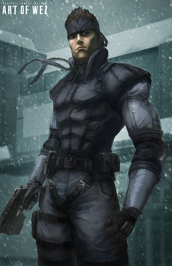 1boy bandana commentary english_commentary facing_viewer gun h&amp;k_mark_23 handgun headband holding holding_gun holding_weapon male_focus metal_gear_(series) metal_gear_solid military outdoors serious short_hair sneaking_suit snow solid_snake solo w-e-z weapon