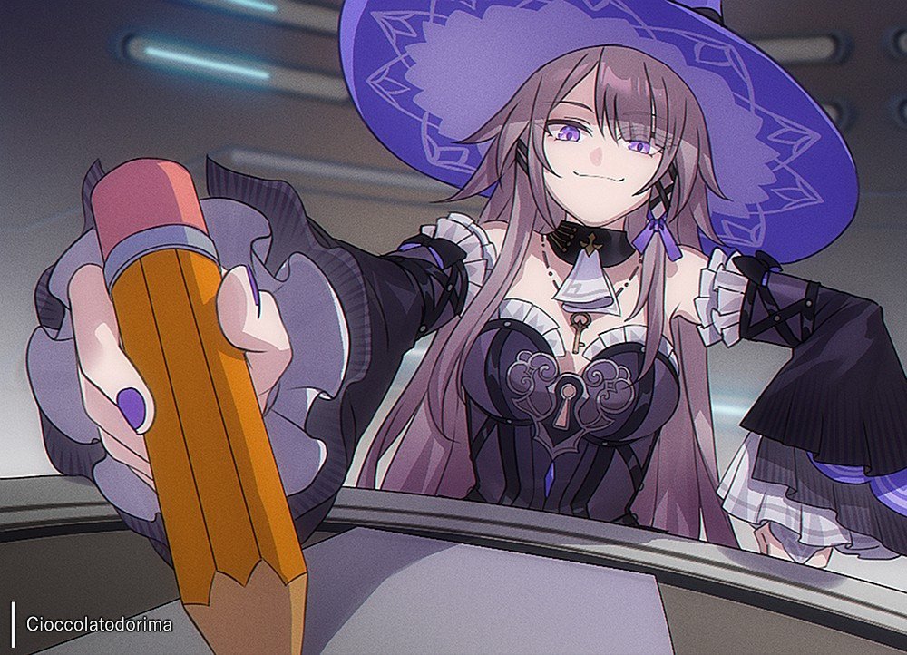 1girl black_choker black_dress choker cioccolatodorima commentary detached_sleeves dress frilled_sleeves frills grey_hair hat herta_(honkai:_star_rail) holding holding_pencil honkai:_star_rail honkai_(series) indoors long_hair long_sleeves looking_at_viewer nail_polish parody pencil purple_eyes purple_hat purple_nails smile solo spongebob_squarepants_(series) strapless strapless_dress the_herta_(honkai:_star_rail) upper_body very_long_hair
