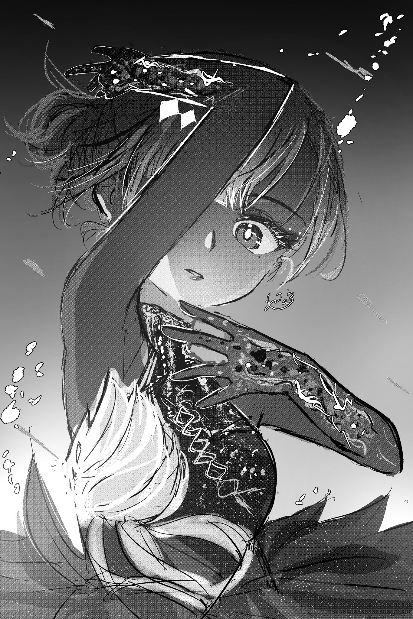 1girl arm_up figure_skating figure_skating_dress gradient_background greyscale highres looking_at_viewer medalist_(manga) monochrome nekokuro_(geja5355) okazaki_iruka one_eye_covered solo