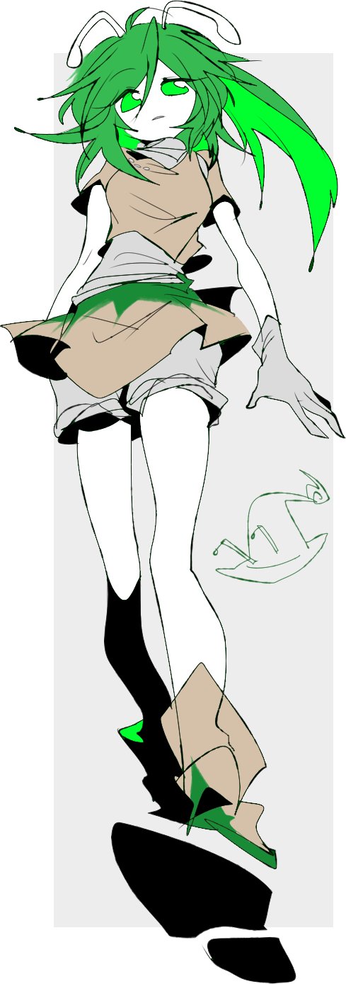 1girl amanomori_shou antennae boots breasts brown_boots brown_shirt brown_skirt chinese_commentary closed_mouth colored_skin commentary_request from_below frown full_body genderswap genderswap_(otf) gloves green_eyes green_hair grey_gloves grey_shirt grey_shorts hair_between_eyes highres layered_skirt len&#039;en ling_s long_hair medium_breasts no_nose shirt shorts shorts_under_skirt skirt white_skin