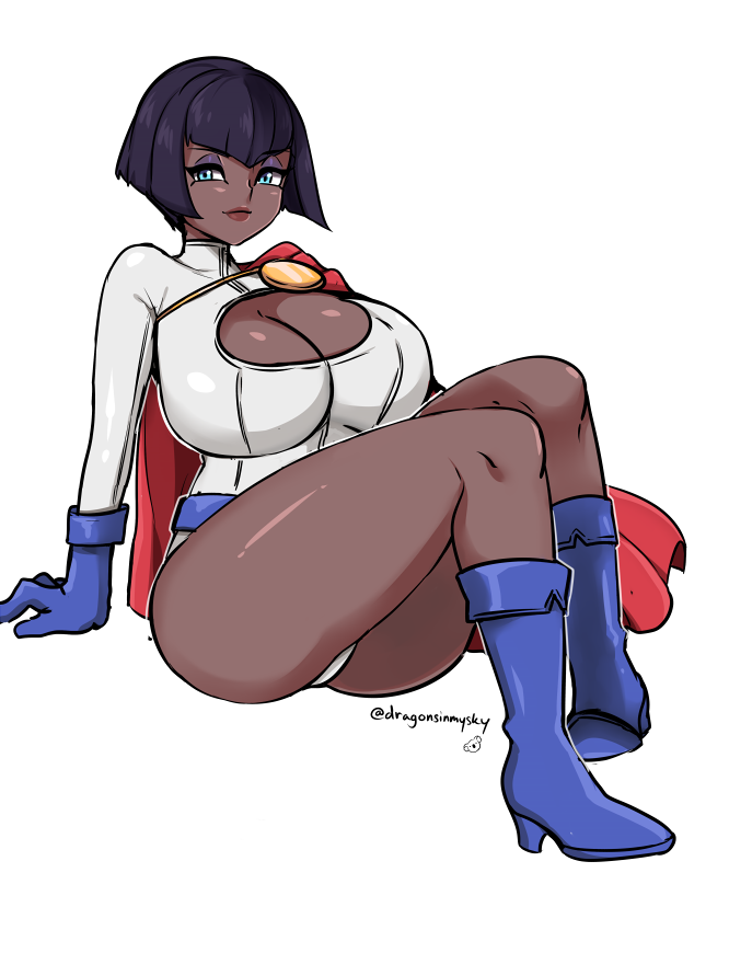 1girl black_hair blue_eyes bob_cut boots breasts cape cleavage cleavage_cutout clothing_cutout cosplay crossed_legs d-ryuu dark-skinned_female dark_skin dc_comics eliza_(skullgirls) eyeshadow gloves large_breasts makeup power_girl power_girl_(cosplay) short_hair sitting skullgirls smile solo very_dark_skin white_background