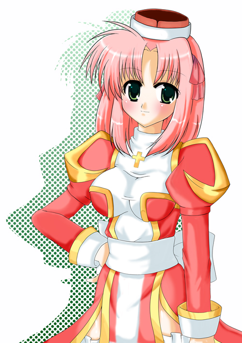 1girl back_bow biretta bow breasts brown_hat closed_mouth commentary_request cowboy_shot cross dress green_eyes hand_on_own_hip hat high_priest_(ragnarok_online) impossible_clothes impossible_dress juliet_sleeves kazu_ayase long_hair long_sleeves looking_at_viewer medium_breasts pink_hair puffy_sleeves ragnarok_online red_dress sash shadow simple_background solo two-tone_dress white_background white_bow white_dress white_sash