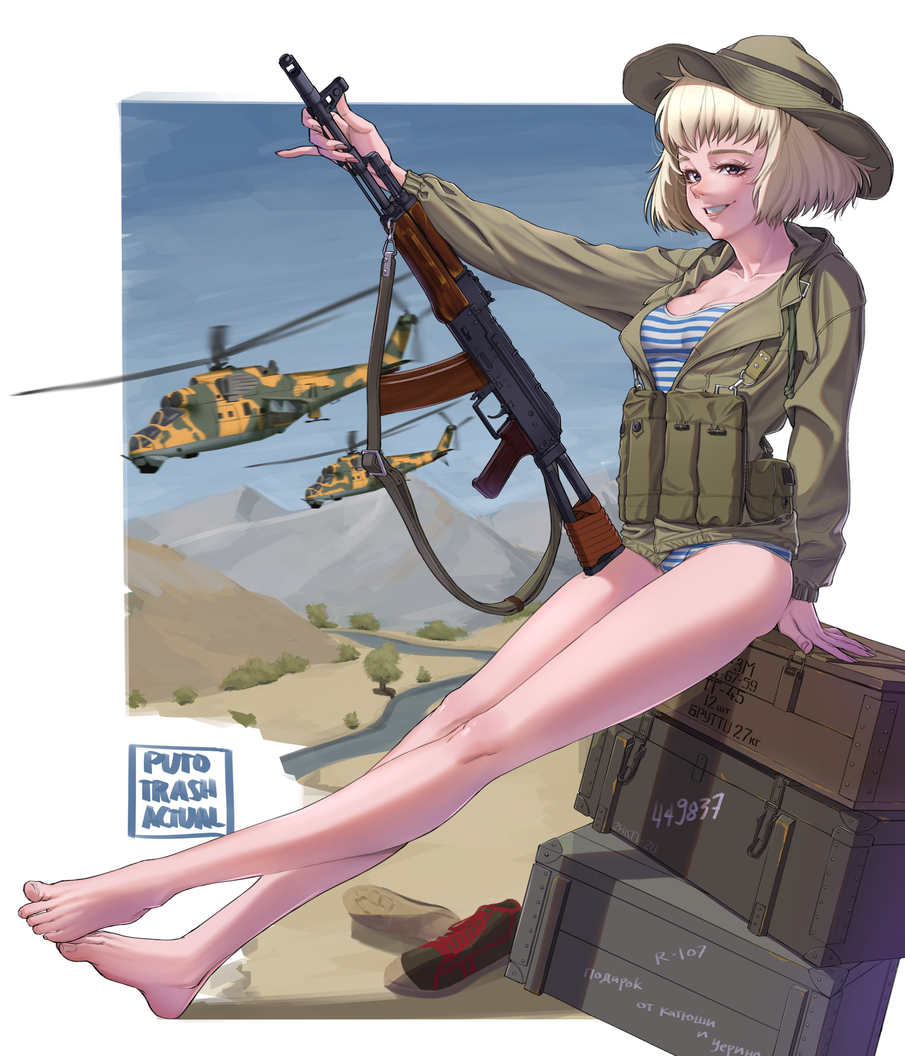 1girl absurdres afghanistan aircraft ak-74 aks-74 ammunition_pouch artist_name assault_rifle attack_helicopter bare_legs barefoot blonde_hair bob_cut breasts brown_eyes bucket_hat camouflage collarbone commentary feet full_body green_jacket grin gun gun_sling hat helicopter highres holding holding_gun holding_weapon jacket kalashnikov_rifle legs load_bearing_equipment long_sleeves looking_at_viewer magazine_(weapon) medium_breasts medium_hair mi-24 military military_fatigues military_uniform military_vehicle no_pants open_clothes open_jacket original outdoors pouch puto_trash rifle shirt shoes sitting sky smile solo soviet soviet_army striped_clothes striped_shirt teeth telnyashka thighs toenails toes unworn_shoes war_in_afghanistan weapon