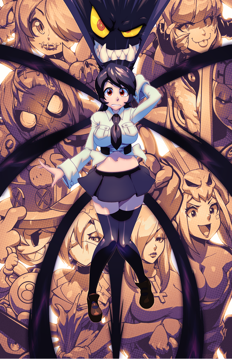 6+girls :p avery_(skullgirls) black_hair black_legwear breasts cerebella_(skullgirls) choker cleavage colored_sclera cross disembodied_head double_(skullgirls) everyone eyepatch closed_eyes fangs filia_(skullgirls) fingerless_gloves gloves hair_over_one_eye hat highres inverted_cross large_breasts lenny_the_bomb leviathan_(skullgirls) lips living_clothes living_hair loafers long_hair looking_at_viewer mask midriff mouth_mask ms._fortune_(skullgirls) multiple_girls nail_polish navel necktie nurse nurse_cap official_art outstretched_arms painwheel_(skullgirls) parasoul_(skullgirls) partially_colored peacock_(skullgirls) pigeon-toed red_eyes robaato samson_(skullgirls) school_uniform sharp_teeth shoes short_hair skirt skullgirls smile solo_focus squigly_(skullgirls) stitched_mouth stitches surgical_mask sweater teeth thighhighs tongue tongue_out top_hat turtleneck valentine_(skullgirls) vice-versa_(skullgirls) yellow_sclera zettai_ryouiki zombie
