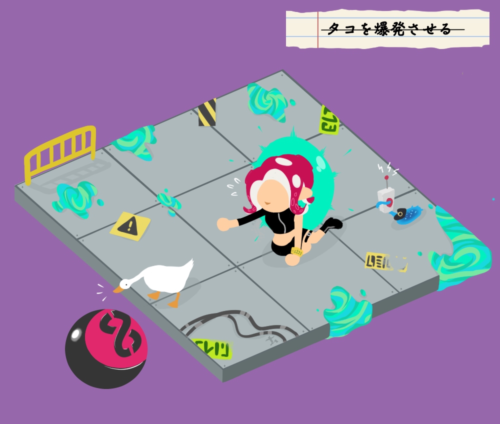1girl agent_8_(splatoon) bird c.q._cumber_(splatoon) commentary female_focus goose goose_(untitled_goose_game) namuro nintendo octoling octoling_girl octoling_player_character purple_background simple_background splatoon_(series) splatoon_2 splatoon_2:_octo_expansion squidbeak_splatoon symbol-only_commentary takozonesu untitled_goose_game walkie-talkie