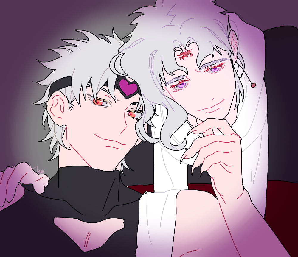 2boys alternate_costume alternate_hair_color cherry_earrings claws cleavage_cutout clothing_cutout dio_brando earrings flesh_bud food-themed_earrings food_themed_earrings grabbing_another&#039;s_chin hand_on_another&#039;s_chin heart_headband jewelry jojo_no_kimyou_na_bouken male_focus morikiri multiple_boys pectoral_cleavage pectorals purple_eyes red_eyes scarf stardust_crusaders white_hair white_scarf