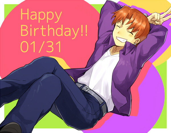 1boy bad_id bad_pixiv_id birthday dated fate/zero fate_(series) happy_birthday jacket male_focus orange_hair purple_jacket ruchi solo uryuu_ryuunosuke v