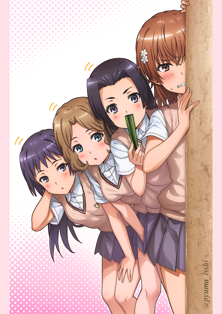 4girls annoyed awatsuki_maaya black_eyes black_hair blue_eyes brown_eyes brown_hair brown_sweater_vest clenched_teeth collared_shirt crossed_bangs folding_fan grey_skirt hair_ornament hairpin hand_fan hand_on_own_thigh holding holding_fan isshi_pyuma kongou_mitsuko leaning_forward long_hair medium_hair miniskirt misaka_mikoto multiple_girls notice_lines peeking peeking_out pleated_skirt school_emblem school_uniform shirt short_sleeves simple_background skirt summer_uniform surprised sweater_vest teeth toaru_kagaku_no_railgun toaru_majutsu_no_index tokiwadai_school_uniform twitter_username wannai_kinuho wavy_hair white_shirt