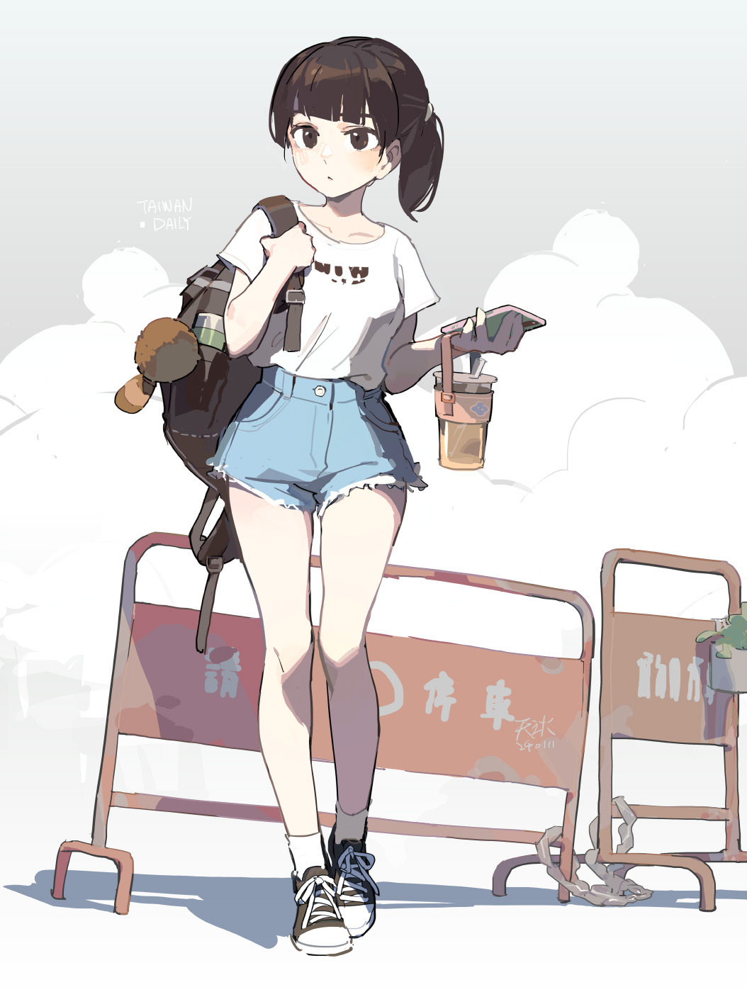 1girl backpack bag black_eyes black_hair blunt_bangs cellphone cup denim denim_shorts full_body hand_up highres holding holding_phone holding_strap looking_at_viewer original outdoors phone ponytail shirt shirt_tucked_in shoes short_hair shorts smartphone sneakers solo standing tennohi white_shirt