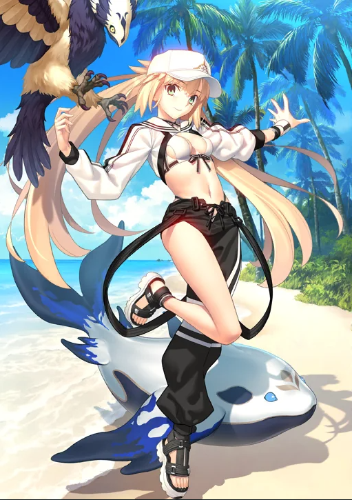 1girl artoria_caster_(fate) artoria_caster_(swimsuit)_(fate) artoria_caster_(swimsuit)_(first_ascension)_(fate) artoria_caster_(swimsuit_berserker)_(fate) artoria_caster_(swimsuit_berserker)_(first_ascension)_(fate) artoria_pendragon_(fate) beach bikini bird black_footwear blonde_hair bracelet closed_mouth eagle fate/grand_order fate_(series) fish grass green_eyes hat jacket jewelry long_sleeves mob_cap ocean official_art palm_tree pants sandals smile swimsuit takeuchi_takashi tree twintails white_headwear white_jacket