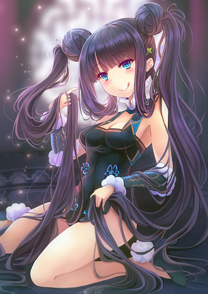 1girl bare_shoulders black_dress black_footwear blue_eyes blunt_bangs blurry blurry_background blush breasts china_dress chinese_clothes cleavage closed_mouth detached_sleeves double_bun dress fate/grand_order fate_(series) female_focus goushou hair_bun hair_ornament high_heels holding holding_own_hair leaf_hair_ornament licking_lips long_hair looking_at_viewer medium_breasts purple_hair side_slit sidelocks sitting smile solo thighs tongue tongue_out twintails very_long_hair wariza window yang_guifei_(fate)