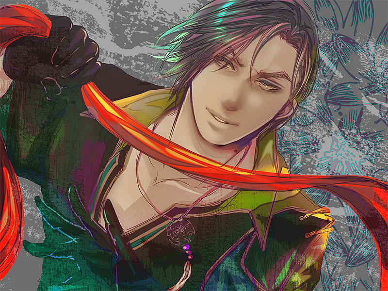 1boy black_hair fa_zheng floral_background flower gloves jewelry male_focus necklace shin_sangoku_musou solo upper_body
