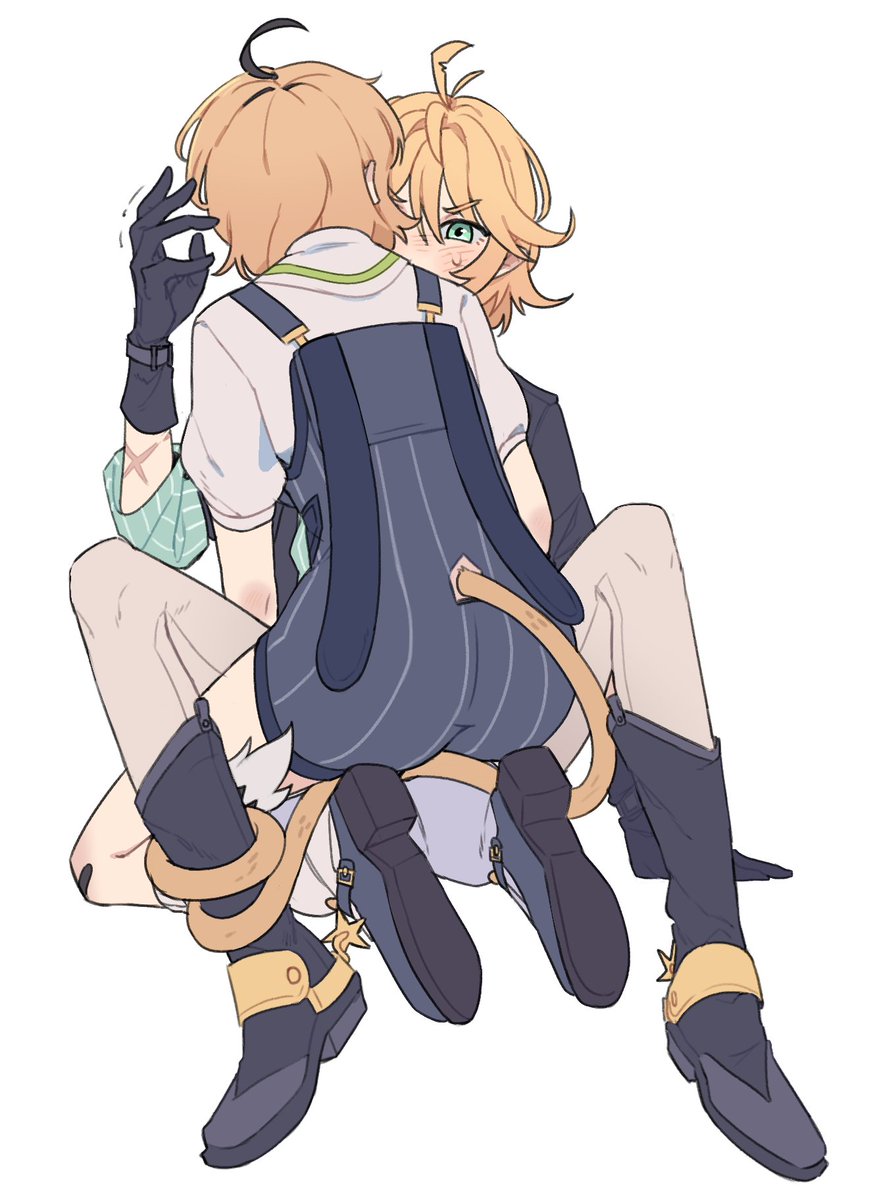 2girls addendium black_gloves blonde_hair blue_eyes blue_overalls blue_shoes blush boots cowboy_boots dokibird_(vtuber) dokibird_(vtuber)_(bounty_hunter) dooby_(vtuber) gloves indie_virtual_youtuber jerboa_tail medium_hair multiple_girls official_alternate_costume overalls shirt shoes simple_background socks spurs tail tail_wrap virtual_youtuber white_background white_shirt white_socks yuri