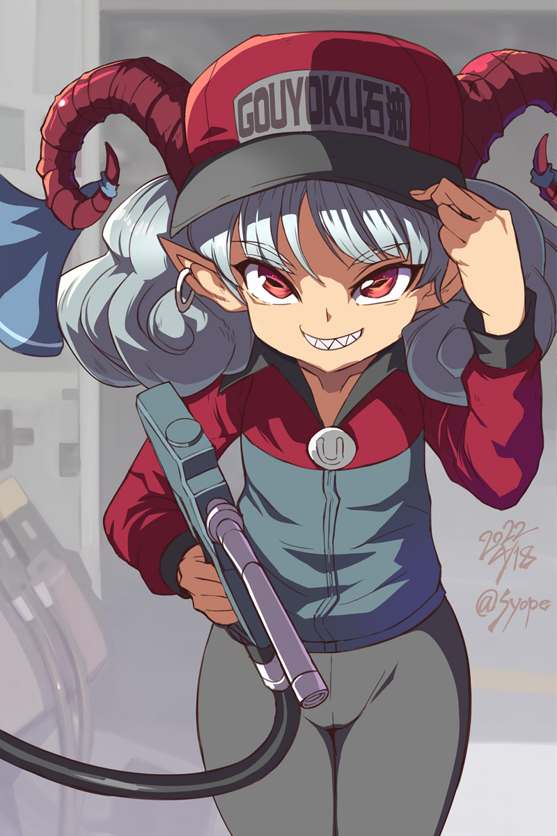 1girl alternate_costume blue_bow bow collarbone dated employee_uniform gas_station gasoline goat_horns hat hat_tip highres horn_bow horn_ornament horns looking_at_viewer pants pointy_ears rectangular_pupils red_eyes sharp_teeth short_hair signature smile solo sunken_fossil_world syope teeth touhou toutetsu_yuuma undefined wavy_hair