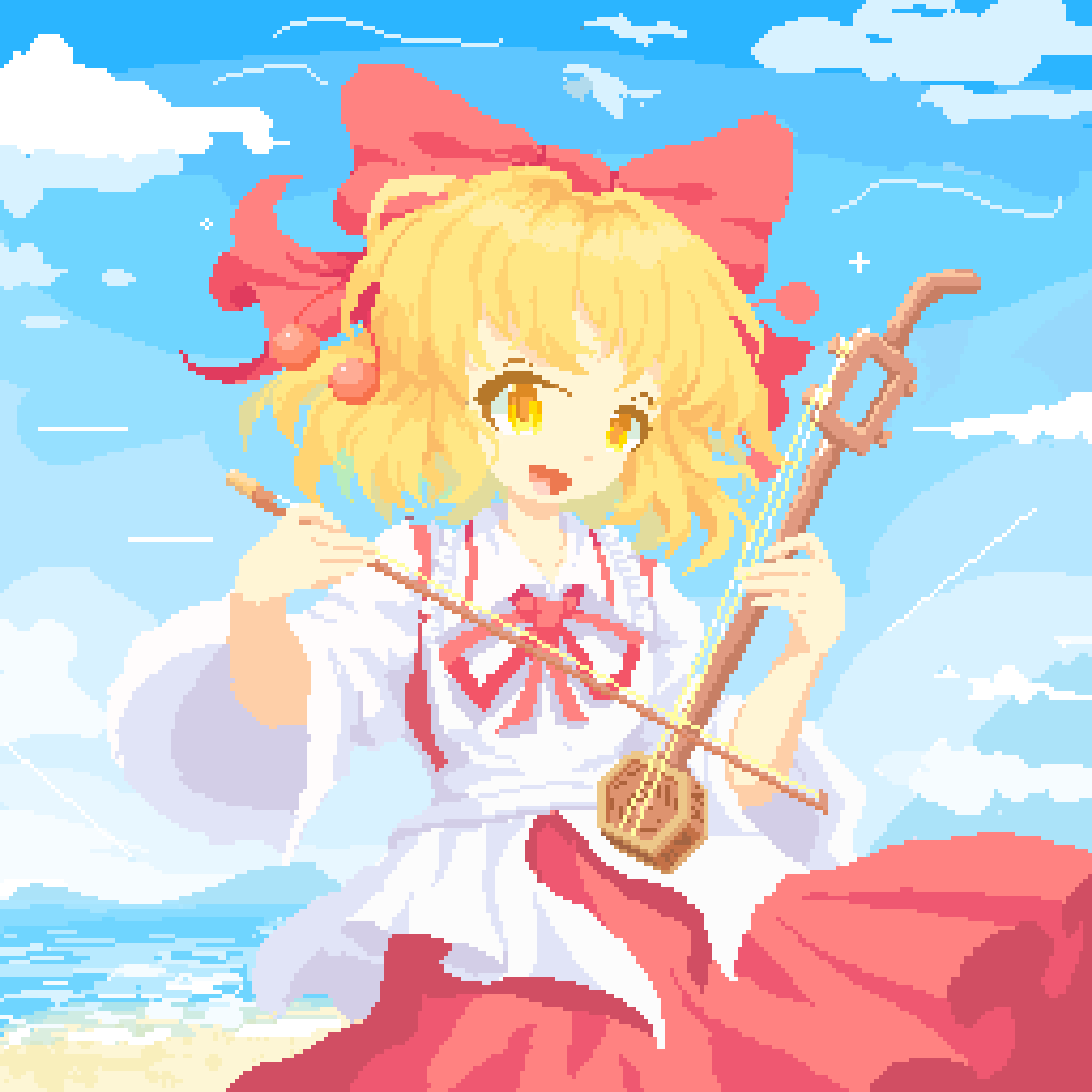 02charaice20 1girl absurdres beach blonde_hair blue_sky bow bow_(music) cloud day detached_sleeves erhu frills hair_bow hair_ornament hair_ribbon highres holding holding_bow_(music) holding_instrument instrument japanese_clothes music outdoors pixel_art playing_instrument red_bow red_skirt ribbon satsuki_rin scenery shirt short_hair skirt sky smile solo touhou water white_shirt wide_sleeves yellow_eyes