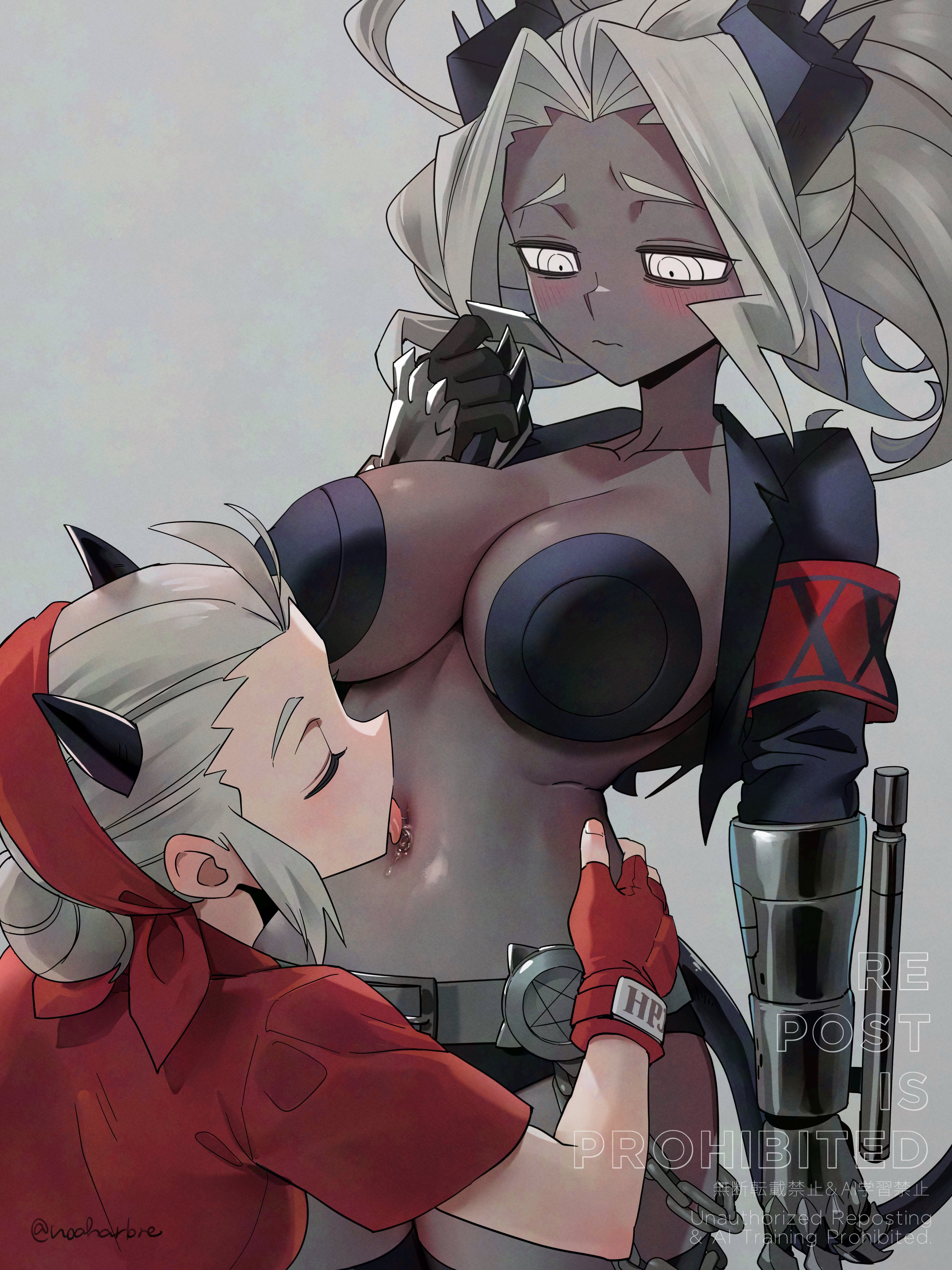 2girls absurdres bandana black_horns black_tail blush breasts chain clawed_gauntlets cleavage closed_eyes colored_skin commentary commission dark-skinned_female dark_skin demon_girl demon_horns demon_tail english_commentary english_text fingerless_gloves gloves grey_skin hands_on_another's_hips helltaker highres horns jacket judgement_(helltaker) justice_(helltaker) large_breasts leather_bikini licking licking_navel looking_at_another looking_down metal_gloves multiple_girls navel noah_(tettsui-sole) red_bandana red_gloves red_shirt saliva shirt short_sleeves skeb_commission spiked_horns tail tongue tongue_out twitter_username watermark white_eyes white_hair yuri