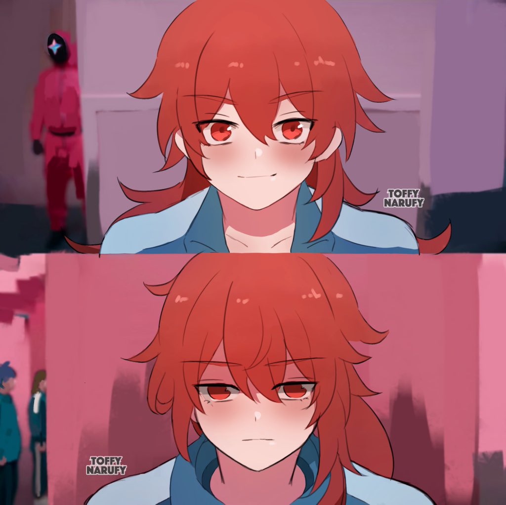1boy blush closed_mouth diluc_(genshin_impact) genshin_impact green_jacket hair_between_eyes jacket kaeya_(genshin_impact) long_hair male_focus meme parody primogem red_eyes red_hair solo squid_game toffy_narufy worker_(squid_game) year_1_&amp;_year_2_(squid_game)_(meme)