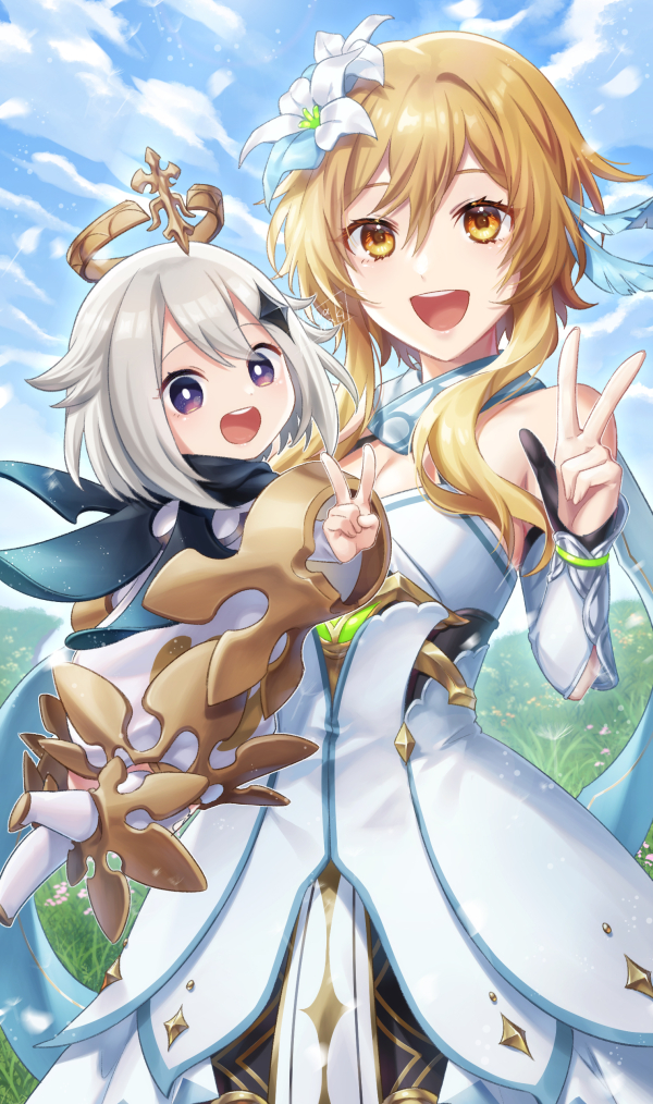 2girls bare_shoulders blonde_hair blue_eyes breasts cleavage cloud cloudy_sky dress feather_hair_ornament feathers floating flower genshin_impact grass hair_between_eyes hair_flower hair_ornament halo kamuinii lumine_(genshin_impact) medium_breasts multiple_girls outdoors paimon_(genshin_impact) sky small_breasts white_dress white_flower yellow_eyes