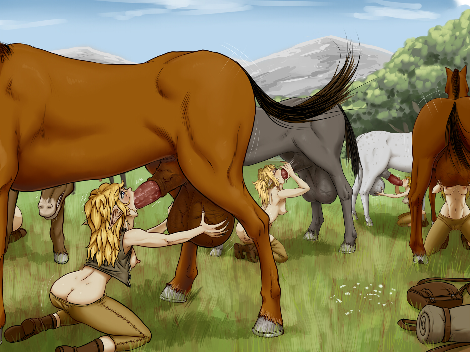 bestiality 二次 ragathol, original, 5girls, animal penis, ass, bestiality, blonde hair,  blue eyes, blush, breasts, butt crack, caressing testicles, elf, fellatio,  glasses, horse, horse penis, large testicles, long hair, multiple girls,  nipples, no bra,