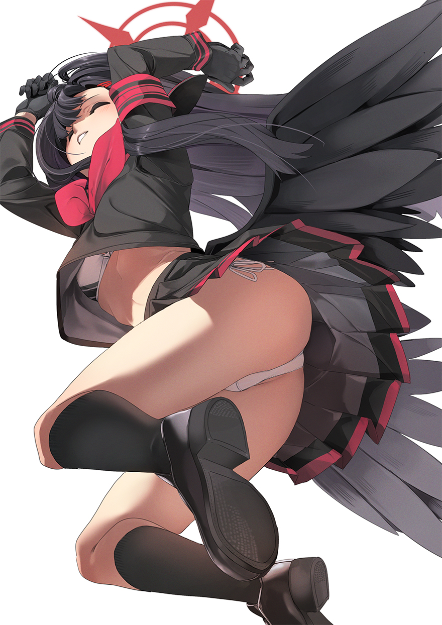1girl black_gloves black_hair black_serafuku black_shoes black_skirt black_socks blue_archive bra commentary from_below fu-ta gloves halo highres ichika_(blue_archive) long_hair long_sleeves panties pleated_skirt red_halo school_uniform serafuku shoes side-tie_panties simple_background skirt socks solo underwear white_background white_bra white_panties