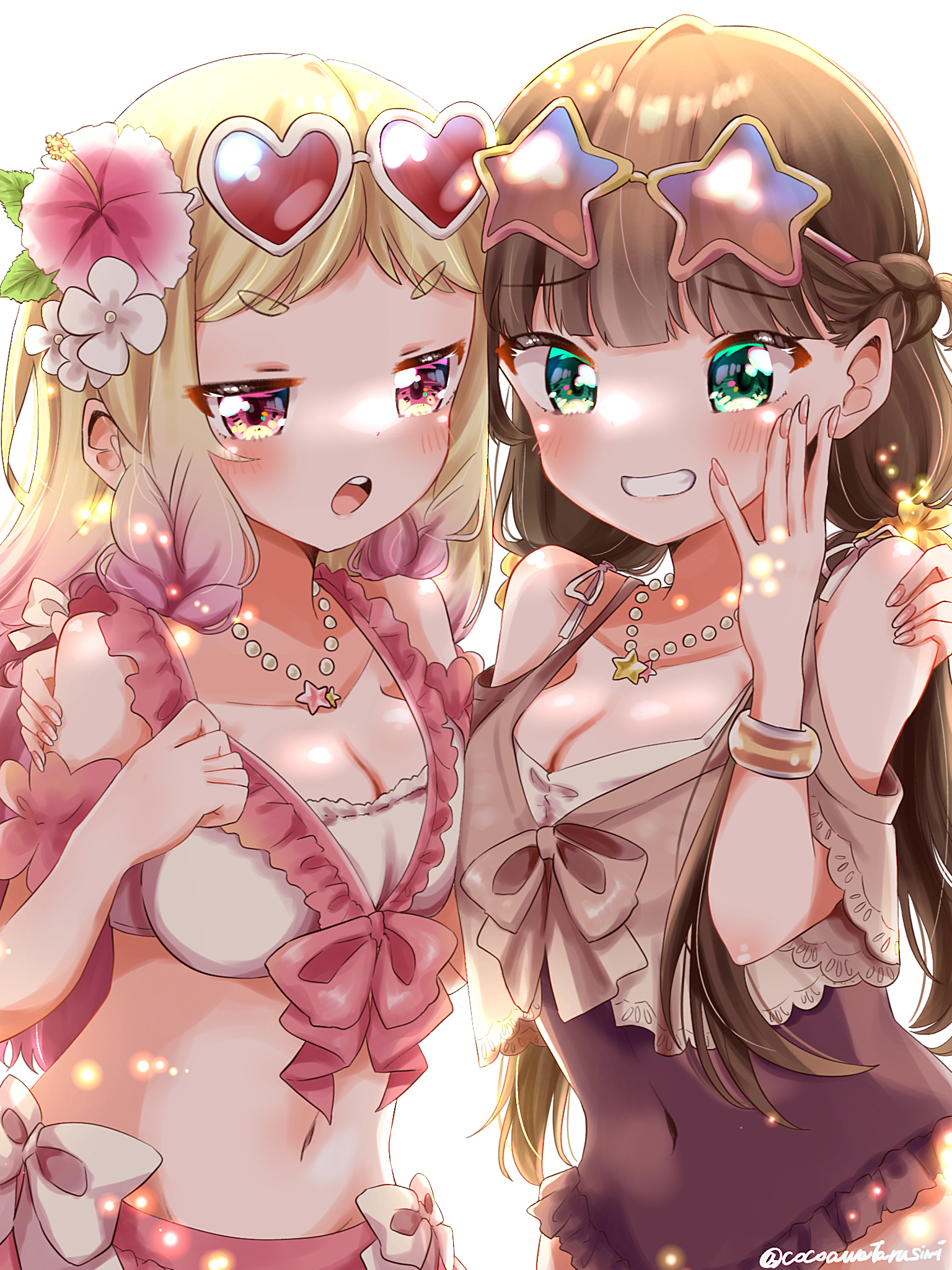 2girls :o bead_necklace beads bikini black_one-piece_swimsuit blonde_hair blunt_bangs blush braid breasts brown_hair cleavage collarbone commentary_request covered_navel eyewear_on_head flower frilled_bikini frills fukune_koko gradient-framed_eyewear gradient_hair green_eyes grin hair_flower hair_ornament half_up_braid heart heart-shaped_eyewear highres jewelry large_breasts long_hair looking_at_viewer love_live! love_live!_days:_love_live!_general_magazine love_live!_superstar!! low_twin_braids low_twintails multicolored_hair multiple_girls navel necklace official_alternate_costume one-piece_swimsuit onitsuka_natsumi open_mouth pink-framed_eyewear pink_eyes pink_flower pink_hair red-tinted_eyewear sakurakoji_kinako short_eyebrows simple_background smile star-shaped_eyewear star_(symbol) star_necklace sunglasses swimsuit thick_eyebrows tinted_eyewear twin_braids twintails upper_body v-shaped_eyebrows white-framed_eyewear white_background white_bikini white_flower yellow-framed_eyewear