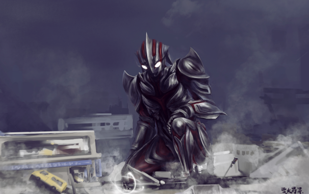 1boy alien armor baoyu_(rainstorm) building car city destruction dust giant glowing glowing_eyes motor_vehicle night no_humans no_pupils seijin superhero_costume tsuburaya_productions ultra_series ultraman:_the_next ultraman_the_next