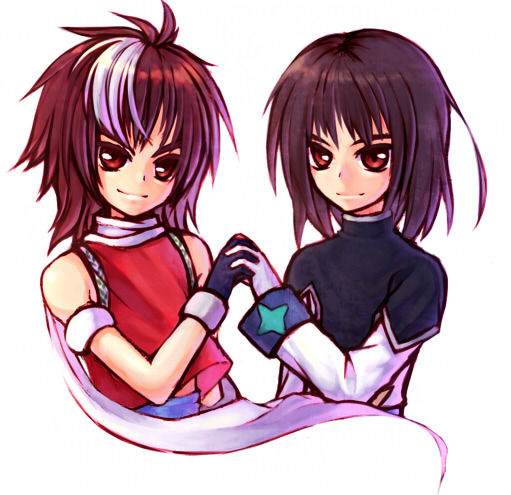 2boys bare_shoulders black_hair brothers caius_qualls gloves lukius_bridges multicolored_hair multiple_boys red_eyes scarf siblings smile tales_of_(series) tales_of_the_tempest