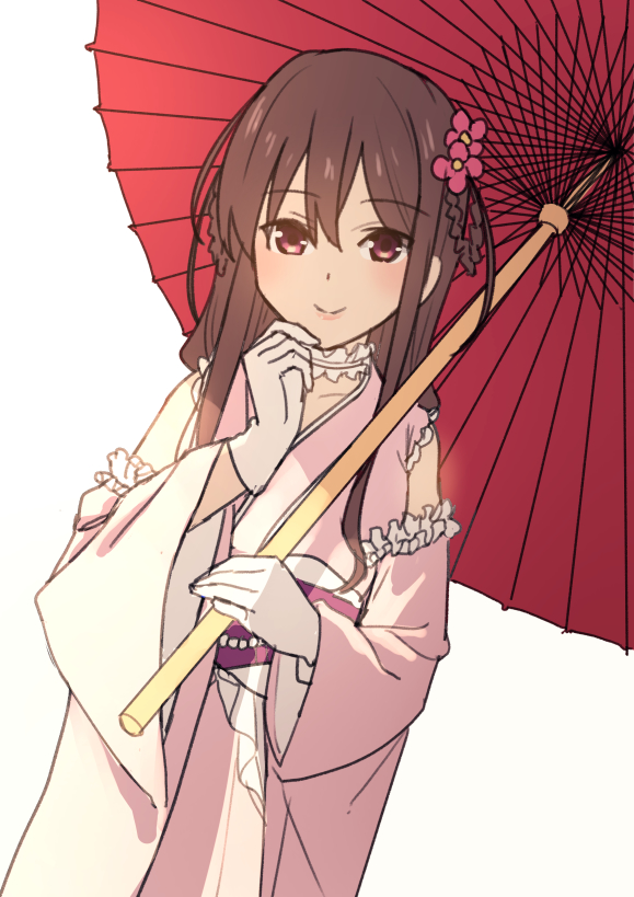 1girl 22/7 blush braid braided_hair_rings brown_hair closed_mouth collar detached_sleeves dutch_angle flower frilled_collar frilled_sleeves frills gloves hair_between_eyes hair_flower hair_ornament hair_rings holding holding_umbrella japanese_clothes kimono long_hair long_sleeves looking_at_viewer nagareboshi oil-paper_umbrella pink_flower pink_kimono red_eyes red_umbrella sidelocks simple_background smile solo standing tachikawa_ayaka umbrella white_background white_collar white_gloves wide_sleeves