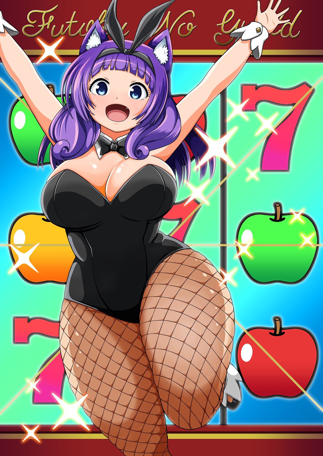 1girl 777 animal_ears arms_up black_leotard black_ribbon blue_eyes blunt_bangs breasts cleavage cowboy_shot dog_girl fang fishnet_pantyhose fishnets futoku_no_guild hair_ribbon highleg highleg_leotard highres hitamu_kyan large_breasts leotard long_hair looking_at_viewer magyo open_mouth pantyhose playboy_bunny raccoon_ears ribbon slot_machine smile solo standing thighs wrist_cuffs
